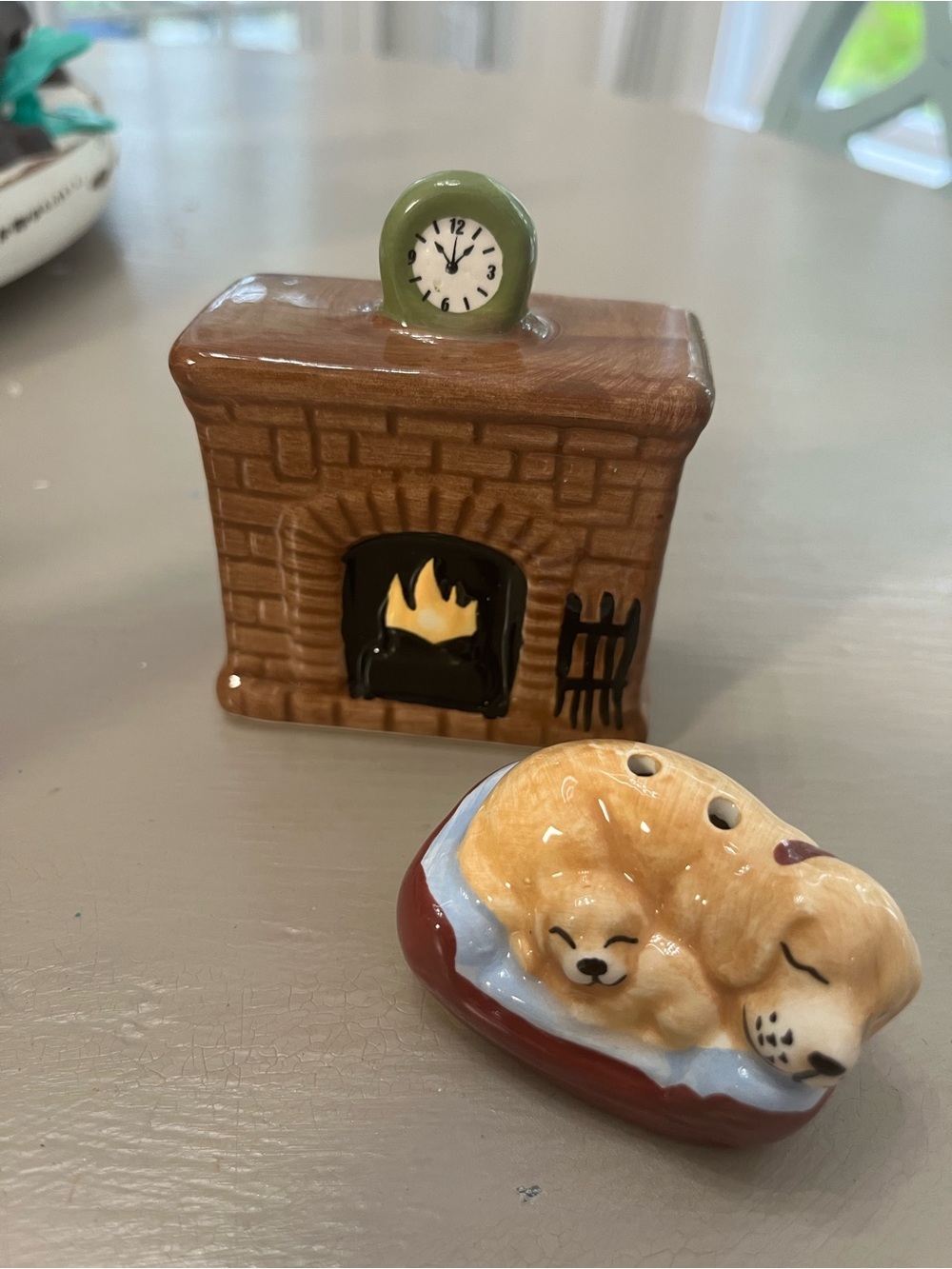 Ceramic Fireplace and Sleeping Dogs Salt & Pepper Set - Brown, Tan